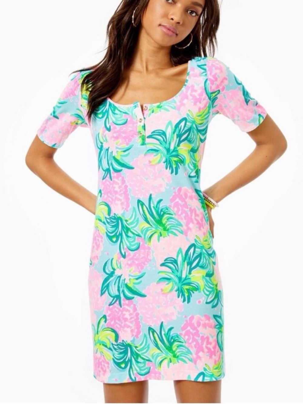 Lilly Pulitzer Gavyn Henley T Shirt Dress Ibiza Pineapple Shake Pink Blue M